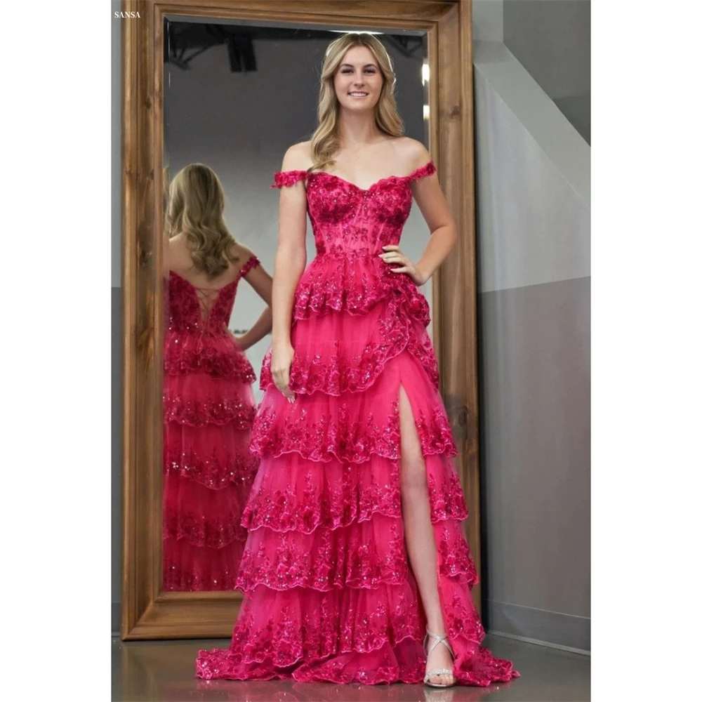 

Sansa Customized Side Split A-line Corset Sleeveless Prom Dress Off the Shoulder Vestidos De Noche Floor-Length Formal Evening