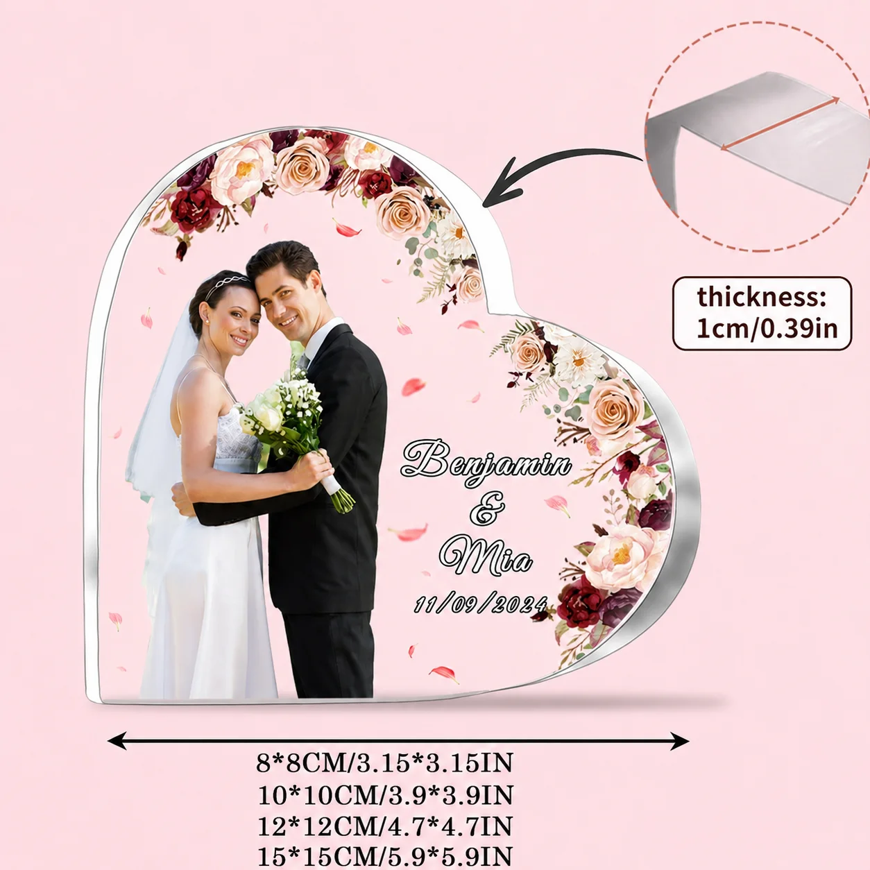 Custom Heart Acrylic Photo Plaque, Personalized Wedding Photo Gift with Name Date for Couple Anniversary