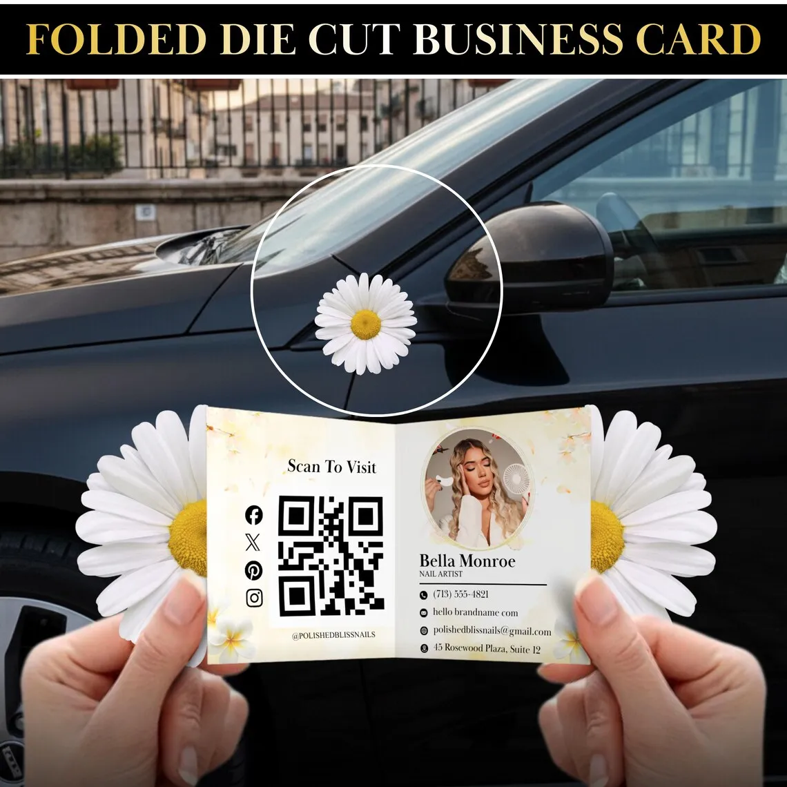 

Flower Business Card Template Editable Folded Buisness Card Design For Beauty Printable Trendy Business Card with QR Code Cards