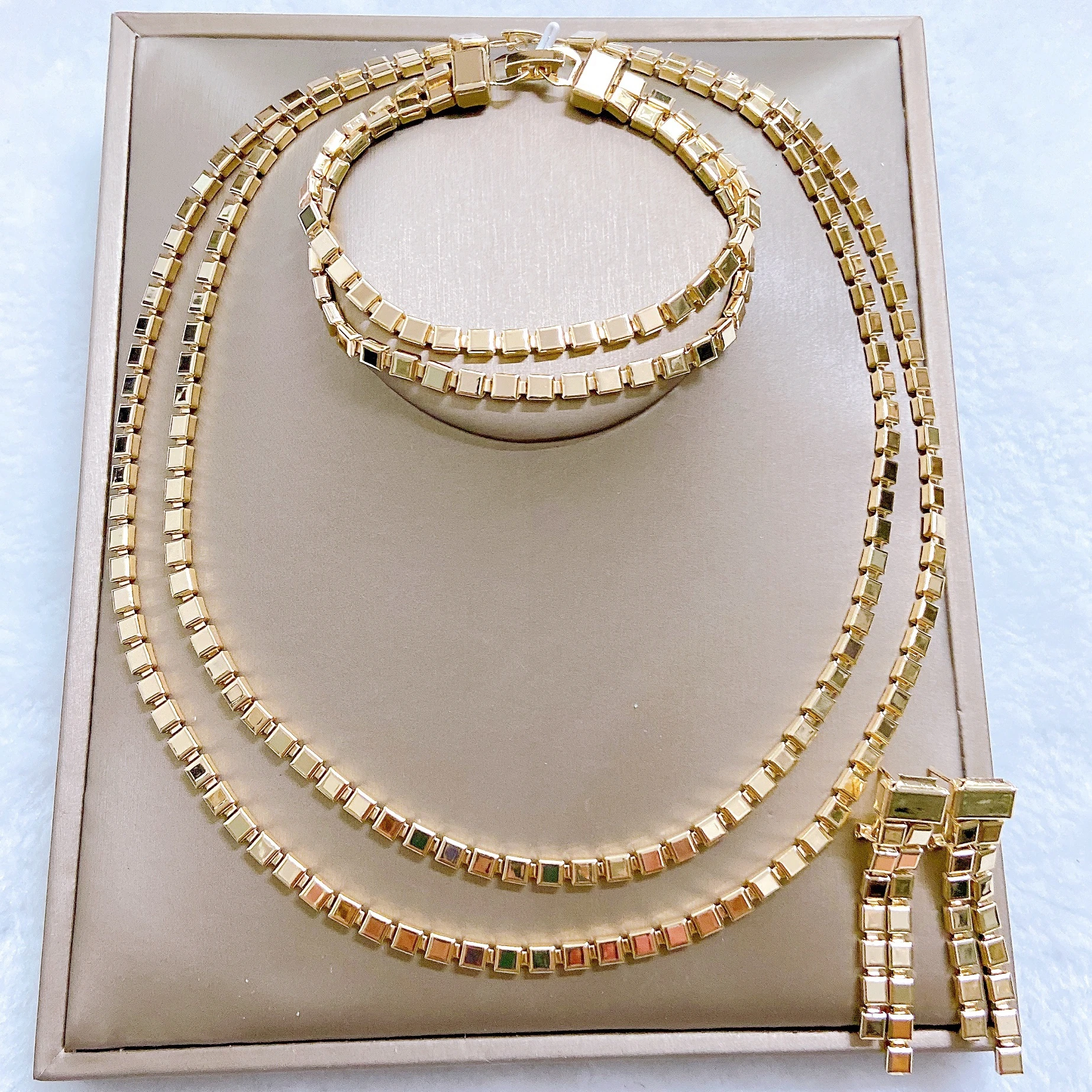 French Vintage Block Jewelry Set Layered Chunky Geometric Square Necklace Double Strand Chain Bracelet Long Bar Drop Earring