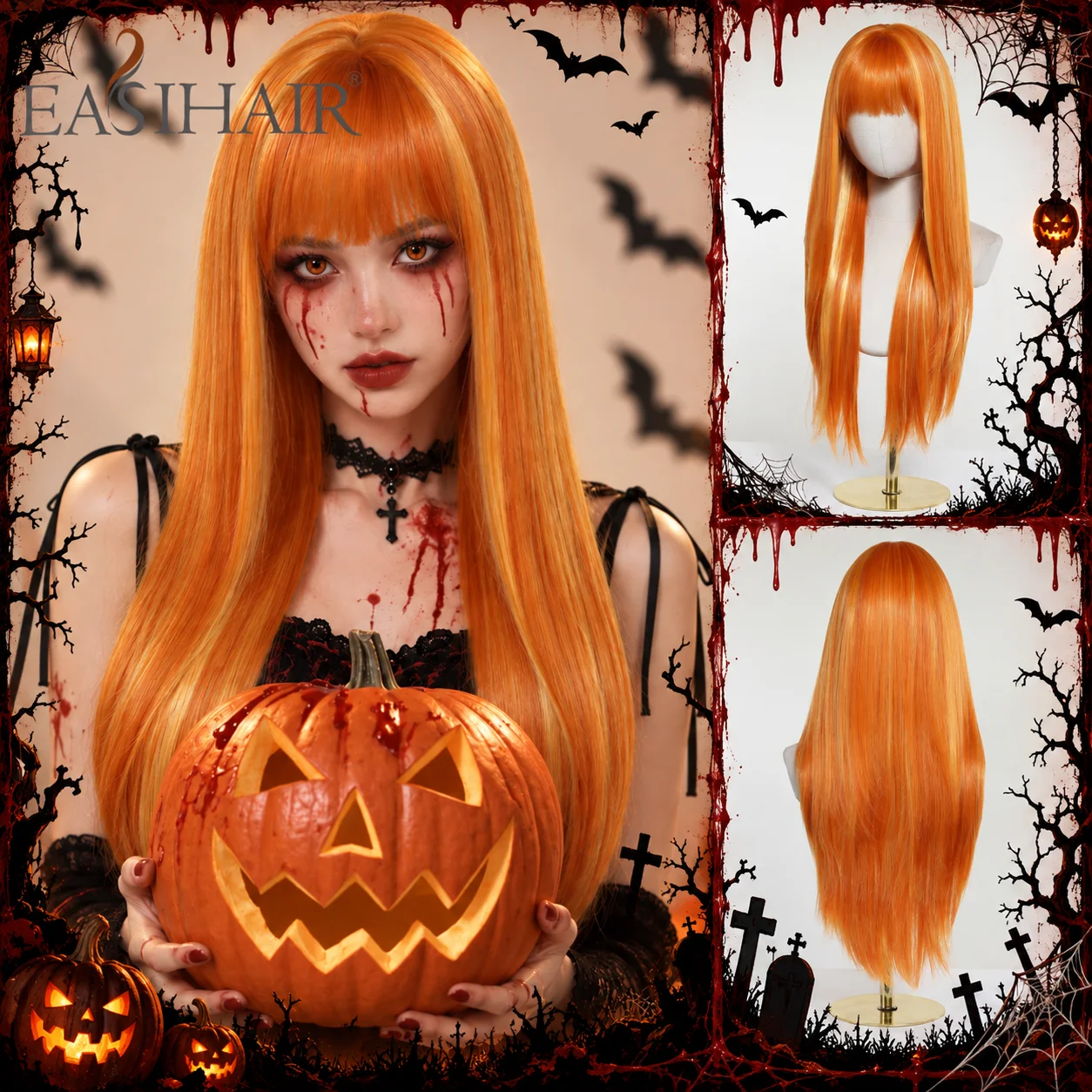 Long Straight Bright Orange Wig with Yellow Highlight Bangs Heat Resistant Synthetic for Women Halloween Party Gothic Cosplay