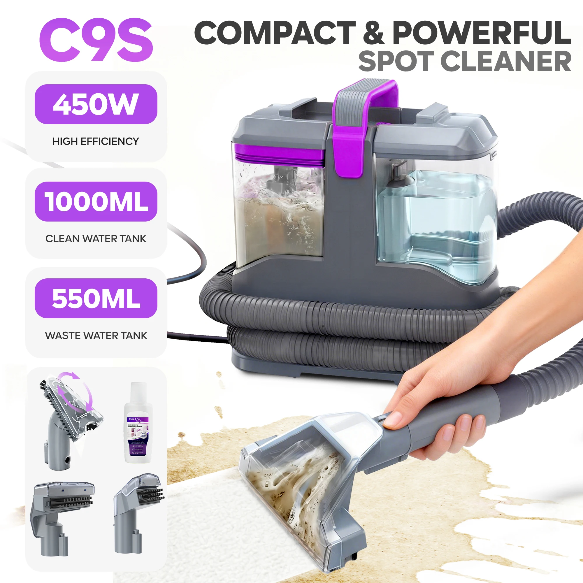 C9S Tapijtreiniger & Bankreiniger 13kPa, 450W Vlekkenreiniger voor Auto Interieur, Sproei-extractie Machine met 3 Borstels en Vloeistof