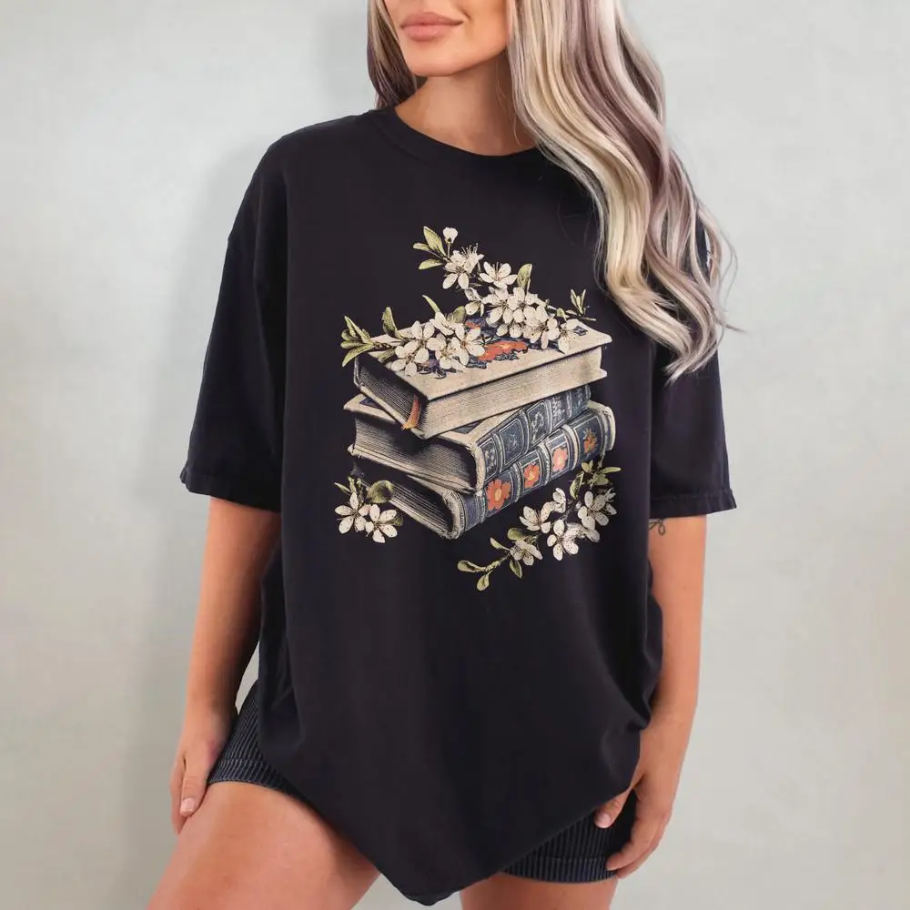 Women Cotton T Shirt Floral Book Shirt Reader Shirt for Booklover Bibliophile Shirt Reading Gift Short Sleeve Fashion Crop Tops