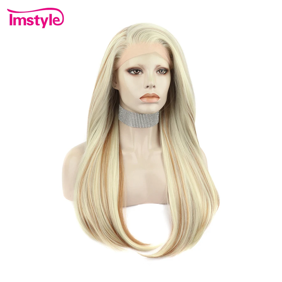 Imstyle Blonde Wig Synthetic Lace Front Wig Highlight Brown Straight Wigs Heat Resistant Fiber Long Lace Front Wig Mixed Color