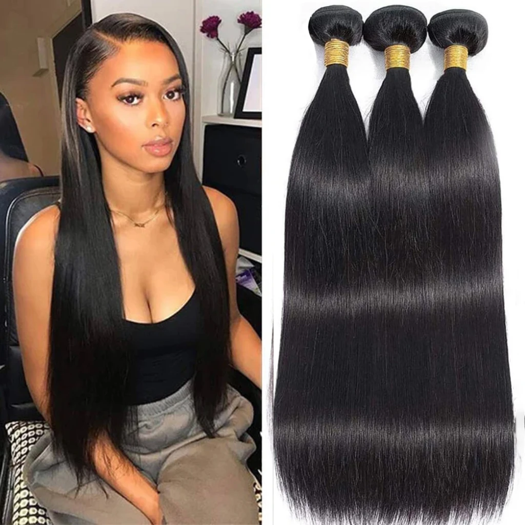 ストレートバンドル人毛100%バージンレミーヘアストレート人毛1～3束 # 1B ナチュラルブラック バンドル ウィーブ ヘアエクステンション
