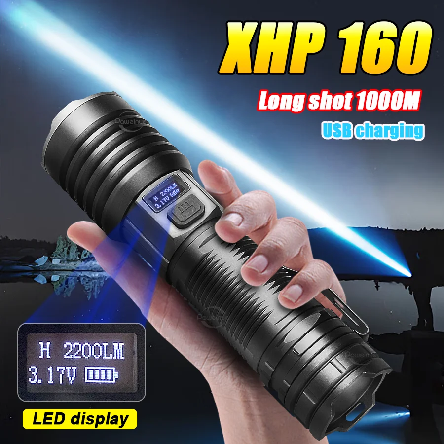 

2200LM High Power LED Flashlight XHP160 Waterproof Rechargeable Torch Power Display Outdoor Work Light With Pen Clip Portable