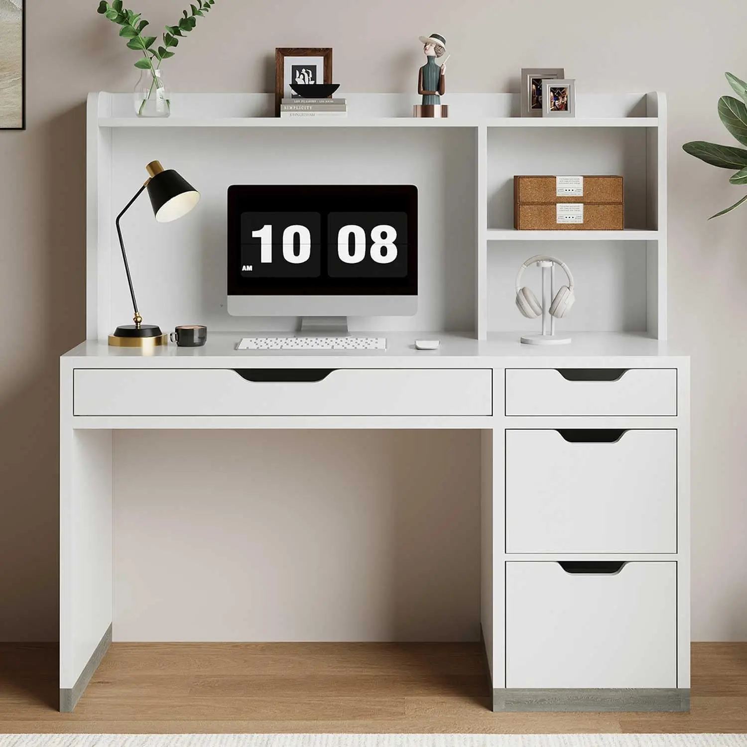 53 Inch White Desk with Hutch and 4 Drawers  4 Storage Drawers, Upper Hutch, Organized Workspace For Bedrooms and Home Offices, Suitable For Computer Work and Study