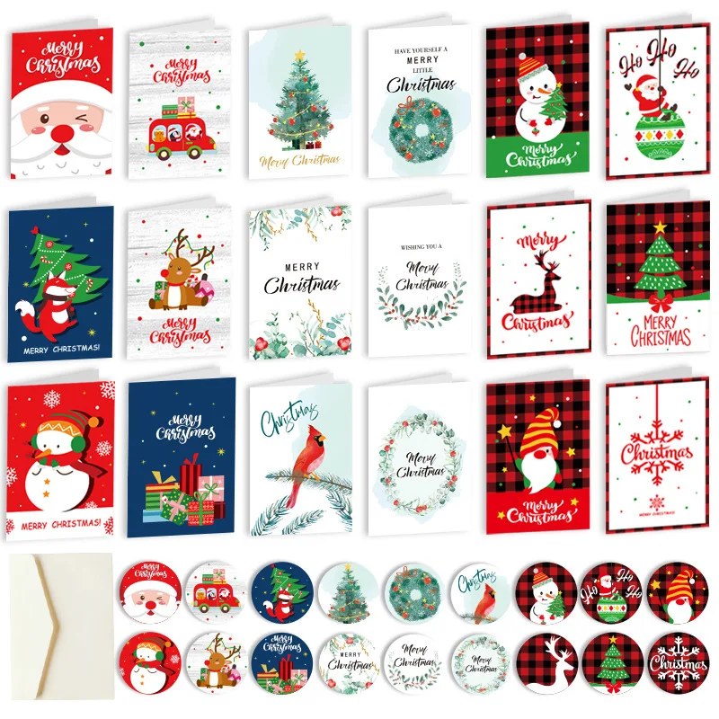 12pcs/1set Merry Christmas Fold Small Greeting Cards Xmas Greeting Card DIY New Year Postcard Gift Card Xmas Party Decorate Noel