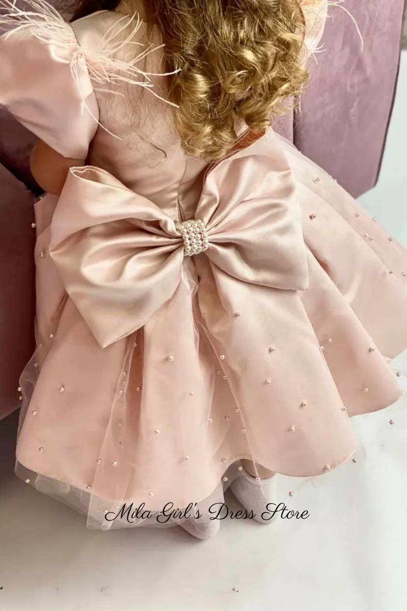 Custom Satin Flower Girl Dresses With Sleeves Pearls Birthday Party Dress Knee Length Birthday Pageant Party Gown For Kids