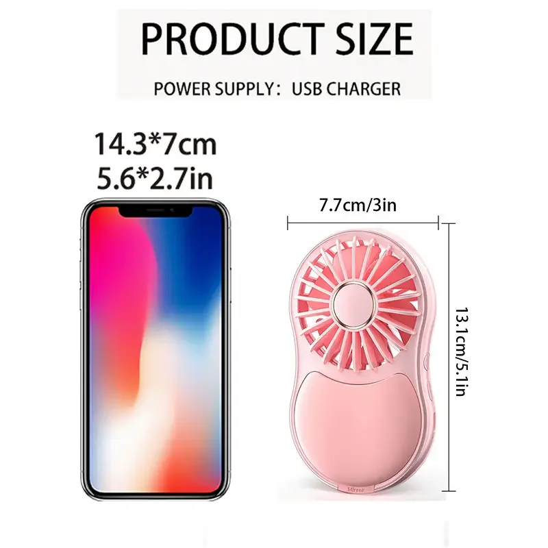 휴대용 핸드헬드 선풍기 LED 메이크업 미러, USB 충전식, 여행 및 실내용 3 풍속 미니 선풍기