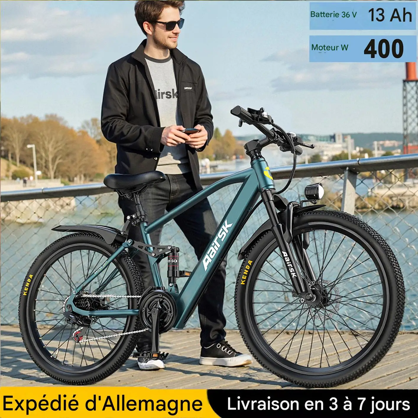 Image of Aairsk GT900 vollgefedertes E-Bike, 21-Gang, 36V 13AH Akku, mit NFC-Smart-Lock, Reichweite 40–60 km, Mountainbike für Erwachsene, 250W Motor, Höchstgeschwindigkeit 25 km/h.