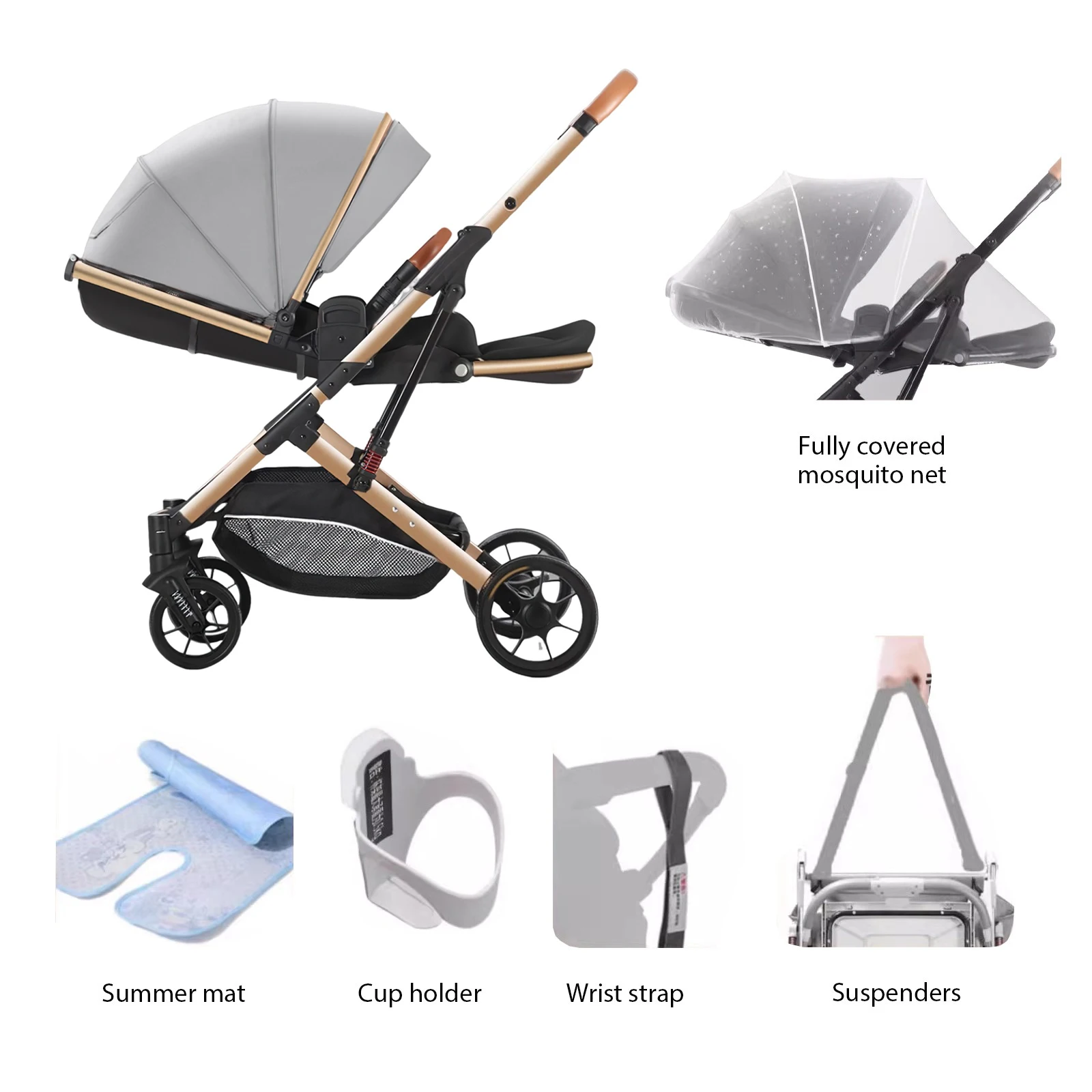 Luxurious High Landscape Baby Stroller, Ergonomic Design, Newborn Pushchair, Can Sit Can Lie