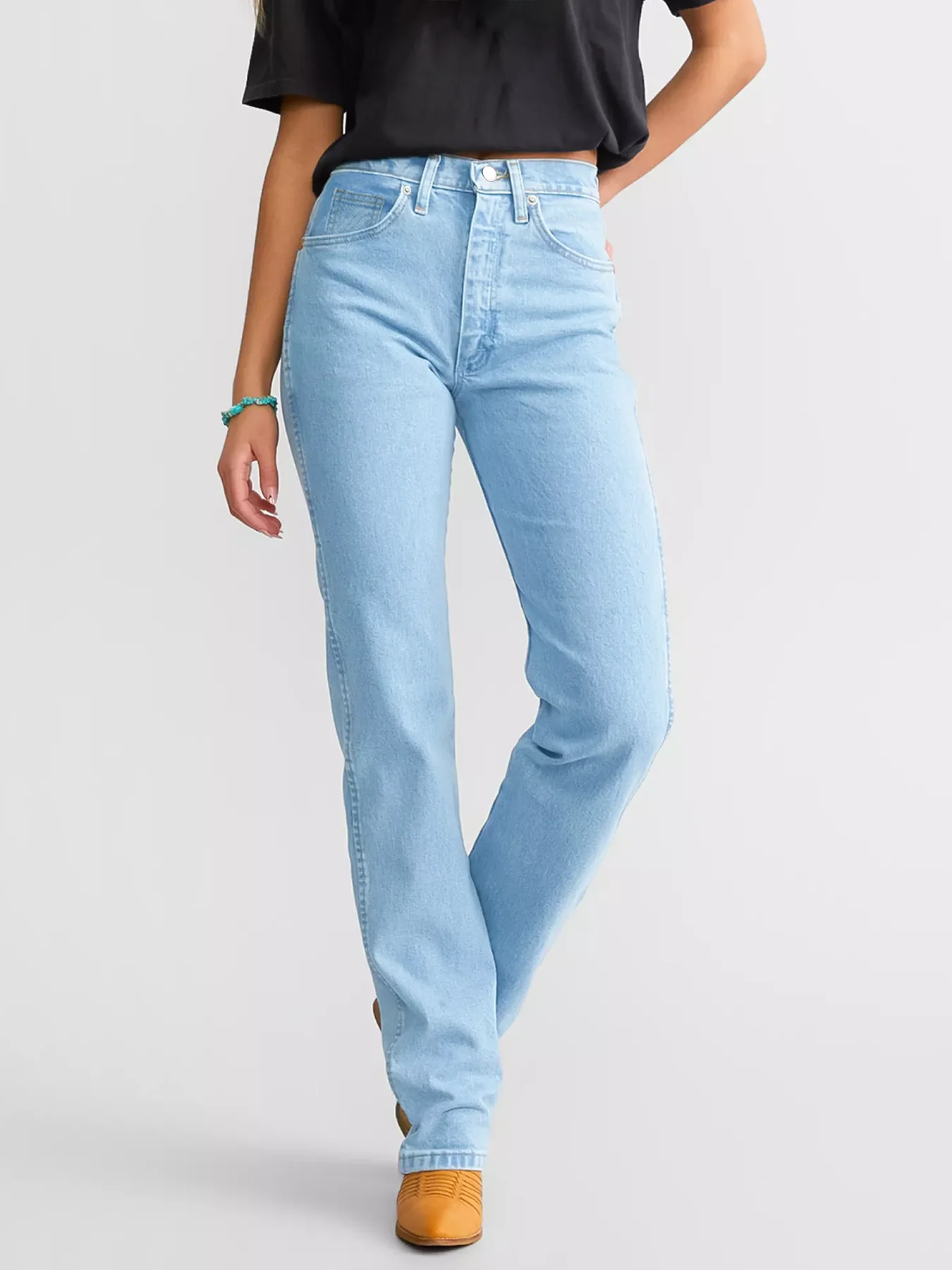 

Women's straight leg denim pants with embroidered bow light blue