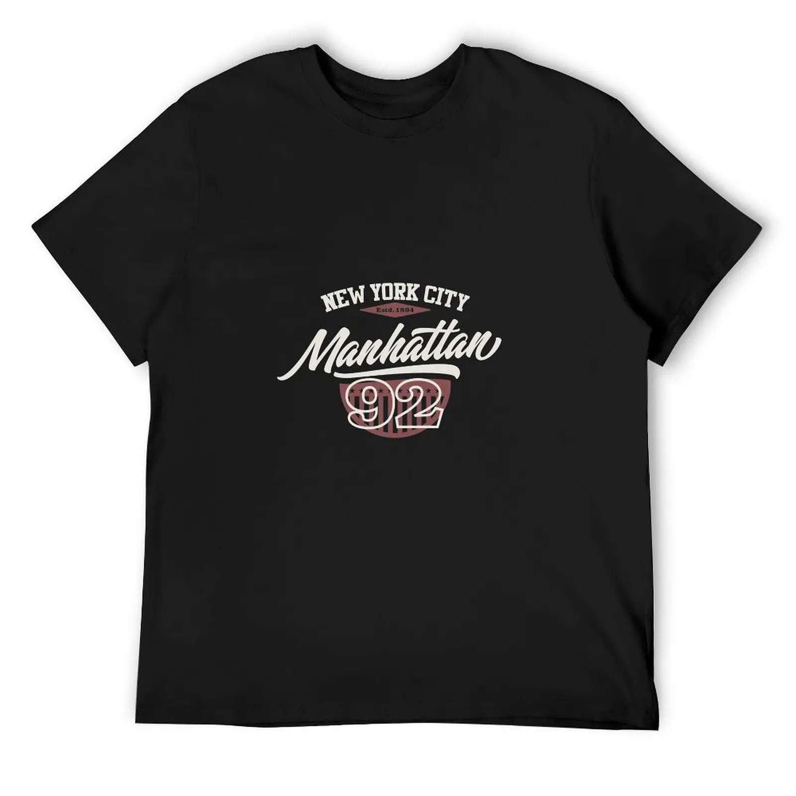 Vintage New York City Manhattan 92 Shield Letter Print Black Cotton Crew Neck Casual T-Shirt