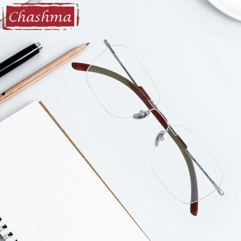 Chashma Rimless Optical Eyeglasses Men Pure Titanium with Sandalwood Temples Eyewear Prescription Glasses Frame Women Spectacles