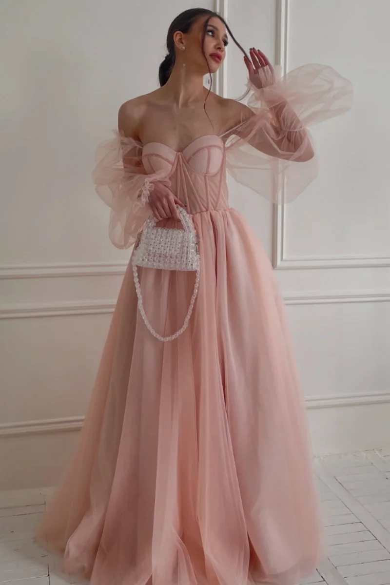 Annie Puff Long Sleeves Prom Dresses Pink Tulle Princess Evening Dresses A-line Off-shoulder Wedding Party Dresses