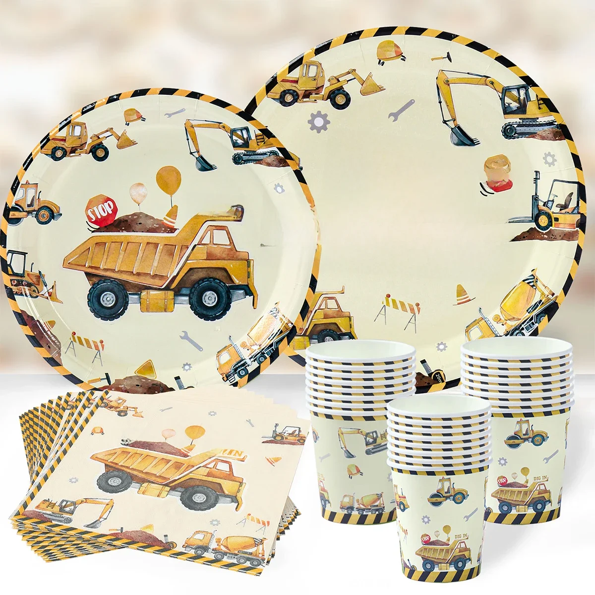 Vaisselle jetable thème de Construction, décoration d'anniversaire, réception-cadeau pour bébé, pelle, camion, tracteur, fournitures de fête d'anniversaire pour garçons