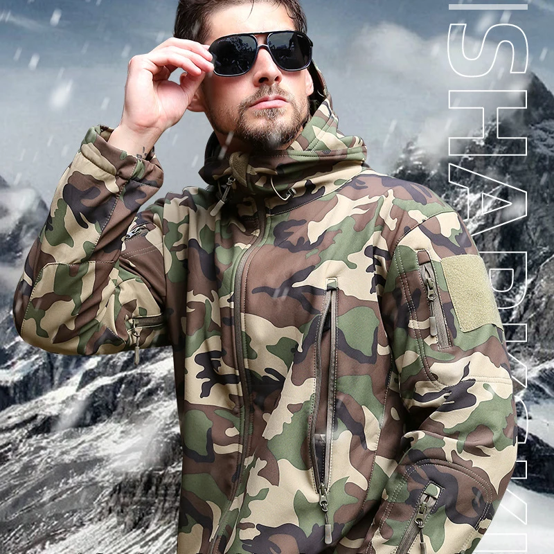 Winter Men Fleece Waterproof Overalls Riding Mountaineering Hiking Soft Shell Camouflage Coat Tactical Outdoor Keep Warm Jacket