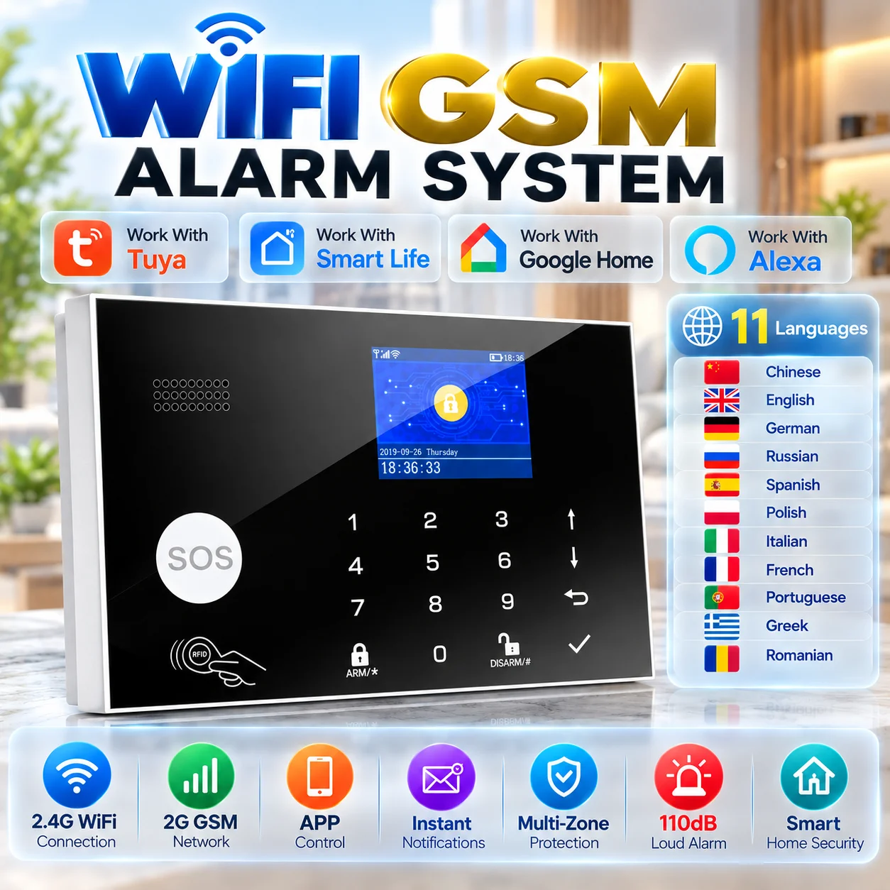W7B Wireless wired Alarm System for Smart Home Burglar Security 433MHz WiFi GSM Alarm APP Control Work with Tuya Smart App