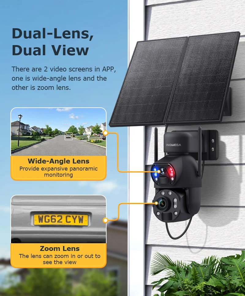 INQMEGA 12MP Solar Security Camera 36x Zoom 20W Outdoor 4G WiFi Dual Lens PIR Motion Detection Camera Color Night Vision PTZ Cam