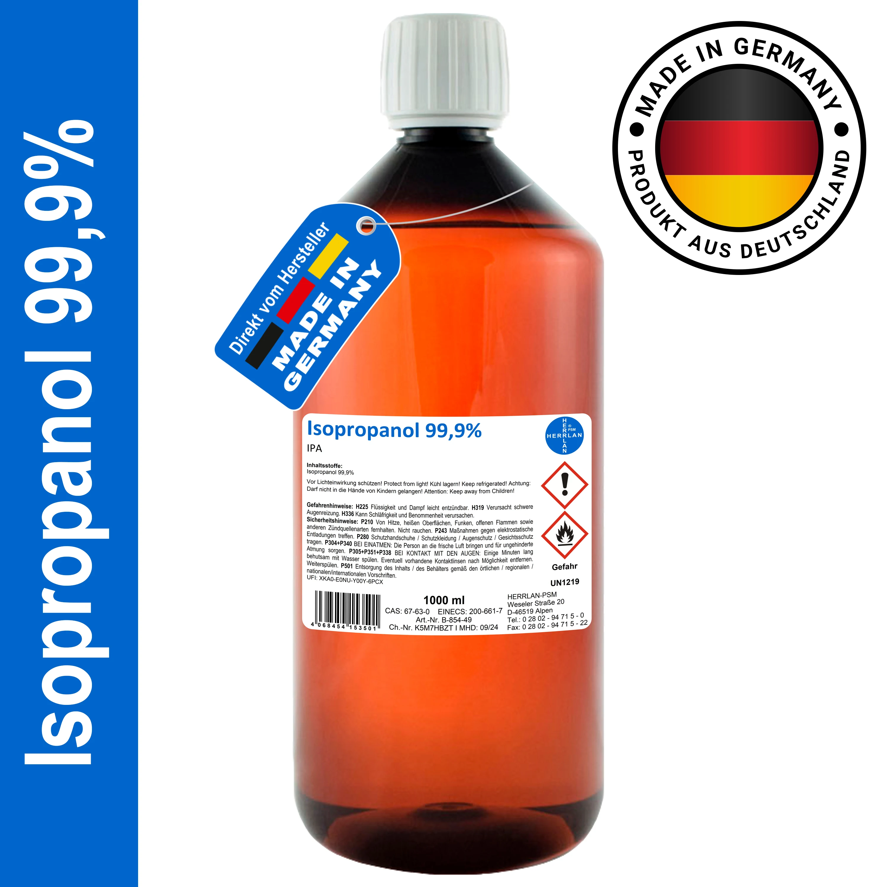 HERRLAN ® Isopropanol 99,9%-1000 ml limpieza alcohol y grasa lanzamiento-residuos y inodoro-Hecho en Alemania