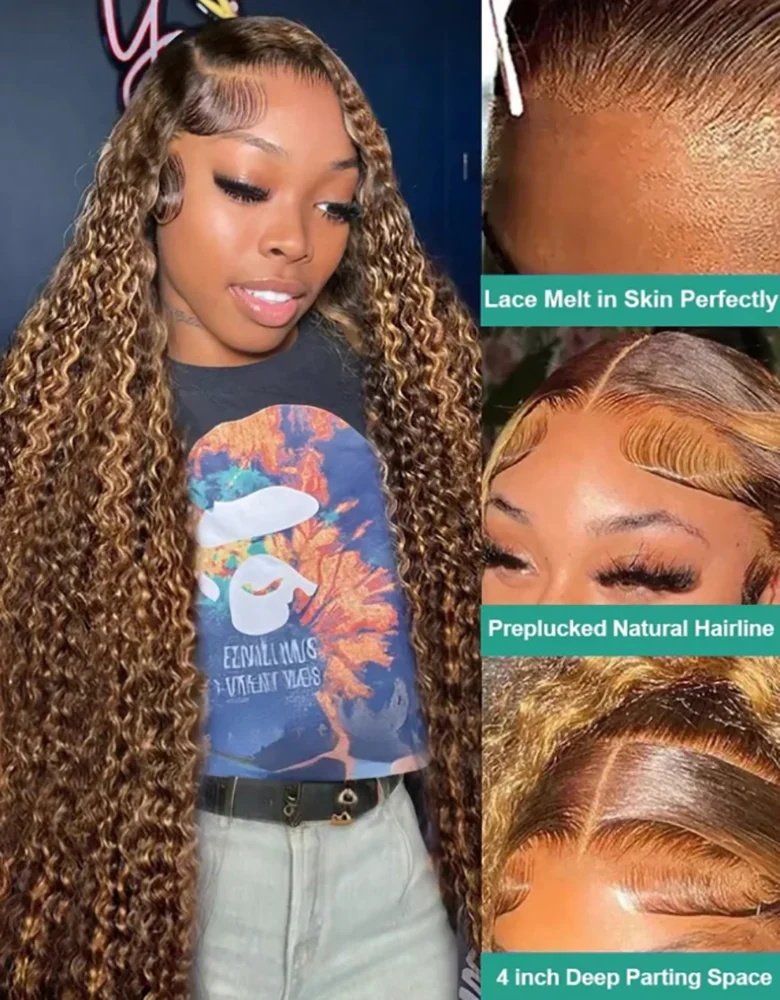 28 polegada destaque ombre peruca dianteira do laço 200 densidade 13x4 hd mel loira 4/27 onda profunda perucas frontais do laço