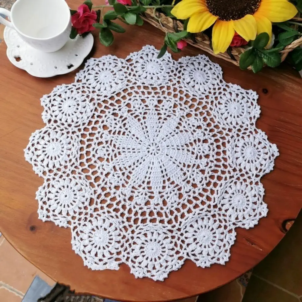 15 Inches Round Flower Lace Doily Hand Crochet Cotton Doilies Large Size White Beige Color Table Placemat DIY Vintage Tablecloth