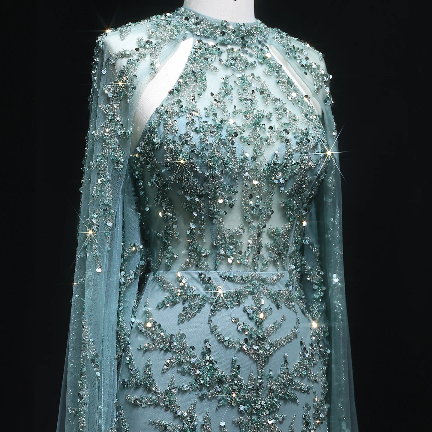 Sharon Said Elegante kralen champagne avondjurk met capemouwen turquoise Dubai vrouwen bruiloft jurken SS161 aangepast