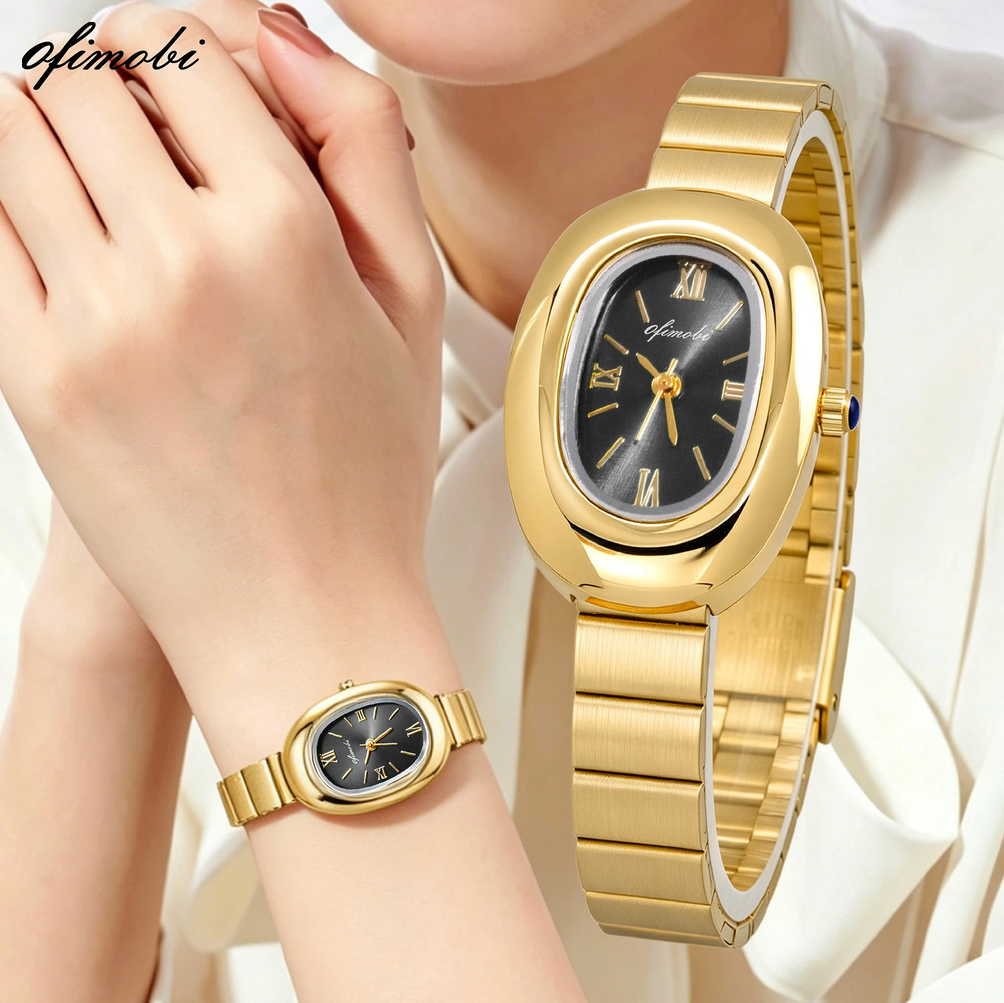 OFLMOBI Women Quartz Watch Oval Stainless Steel Bracelet Roman Numeral Small Dial Daily Water Resistant Dress Wristwatch