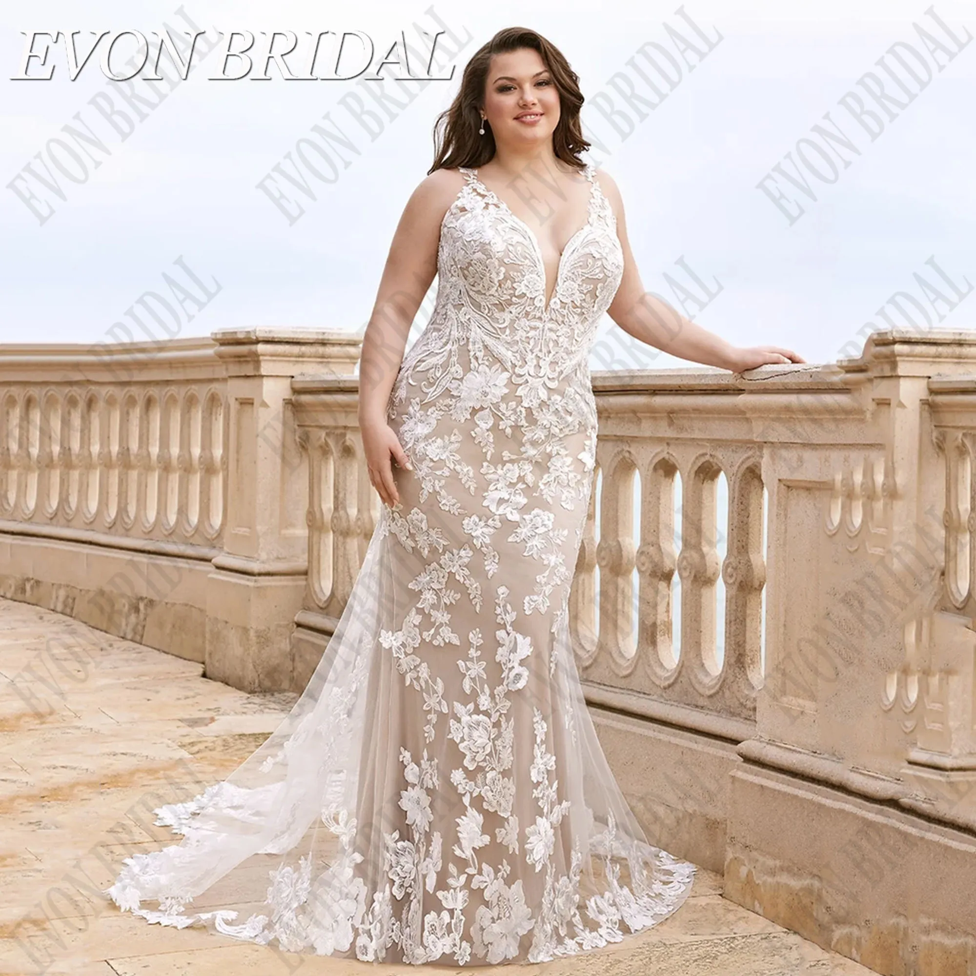 

EVON BRIDAL Lace V-Neck Wedding Dress Plus Size 2025 Bride Spaghetti Straps Applique Sweep Train Vestidos De Novia Customized