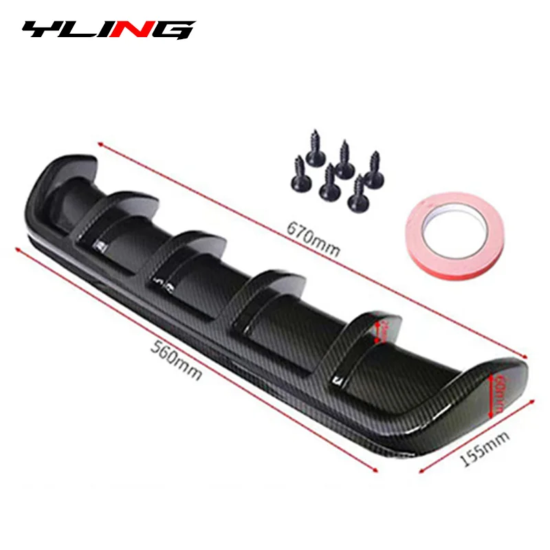 Universal Car Rear Diffuser Deflector Bumpers Spoiler Protector Shark Fin 6 Wing Glossy Black Carbon ABS Styling Accessories