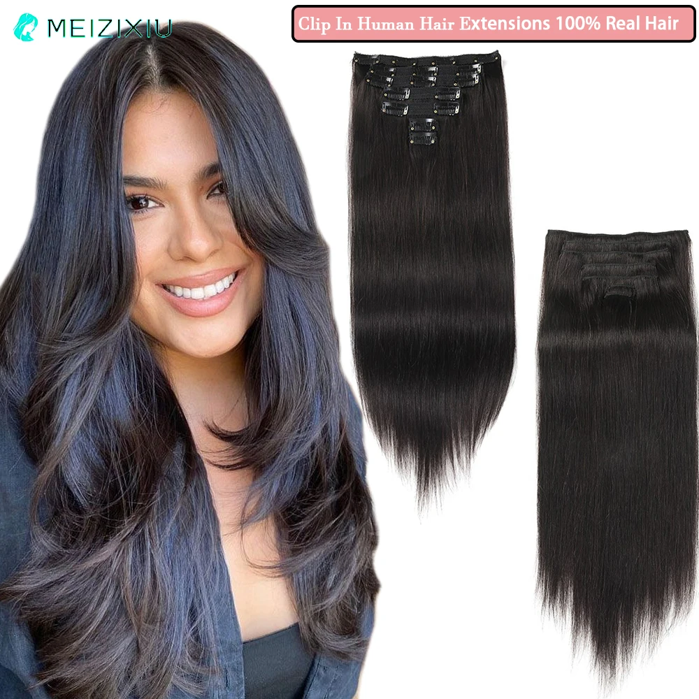 

Clip In Hair Extensions Lcae Double Weft Real Hair Clip In Human Hair Extensions for Women Add Hair Natural Black 7Pcs 18 Inch