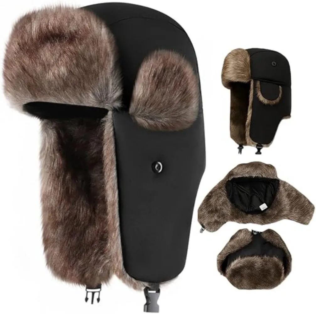 Unisex Warme Herren- und Damen-Trapper-Mütze, Aviator-Trooper-Mütze mit Ohrenklappen, Winter-Skimütze, Neue Russische Kunstfell-Mützen
