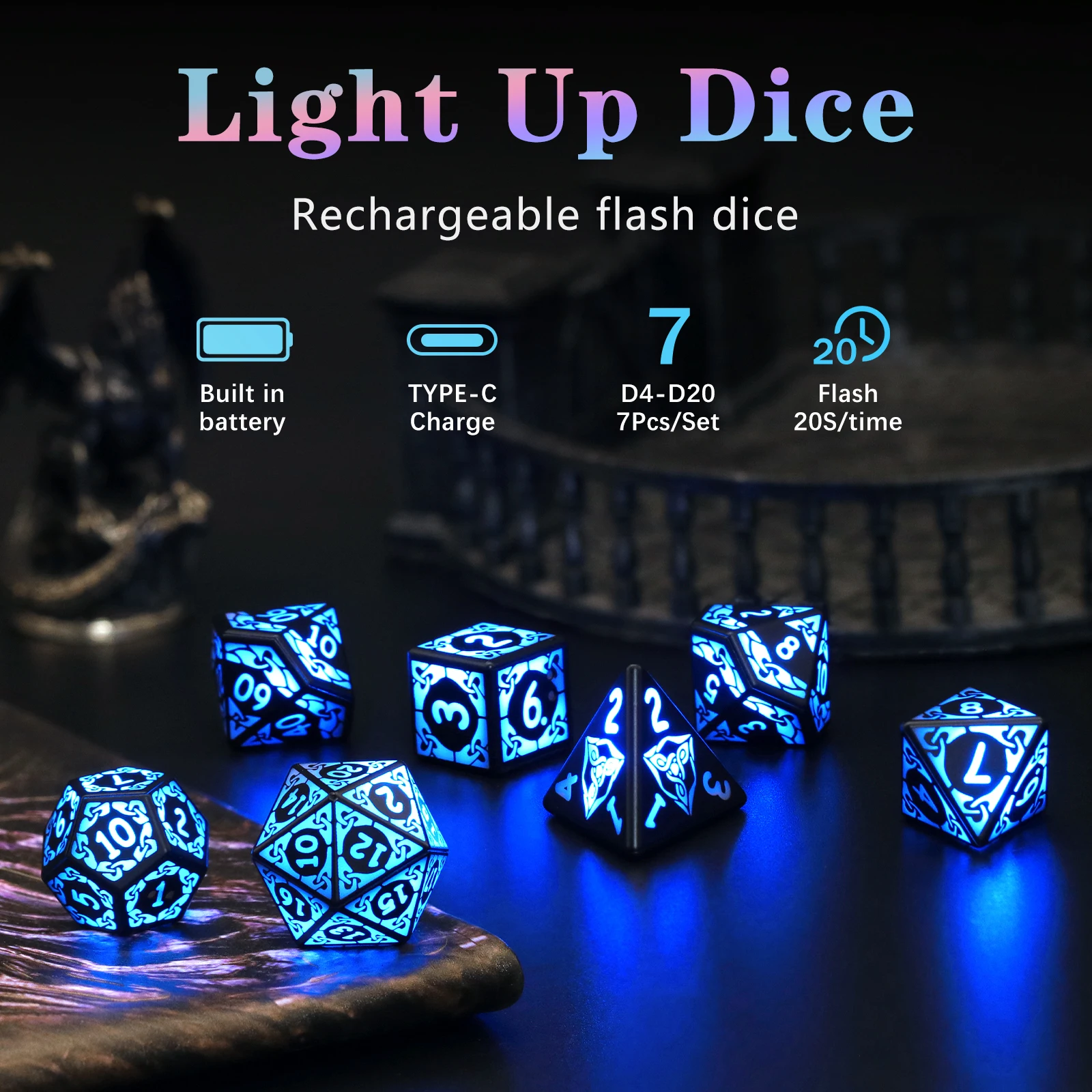 7 PCS LED Dice Rechargeable with Charging Box Electronic Dice for rpg Tabletop Games D&D Dice Blue Light