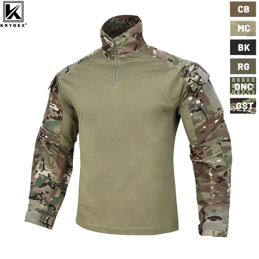 KRYDEX Combat Shirt with Elbow Pads For Hunting Outdoor Tops Tactical Clothes MC Tiger Stripes Shirts