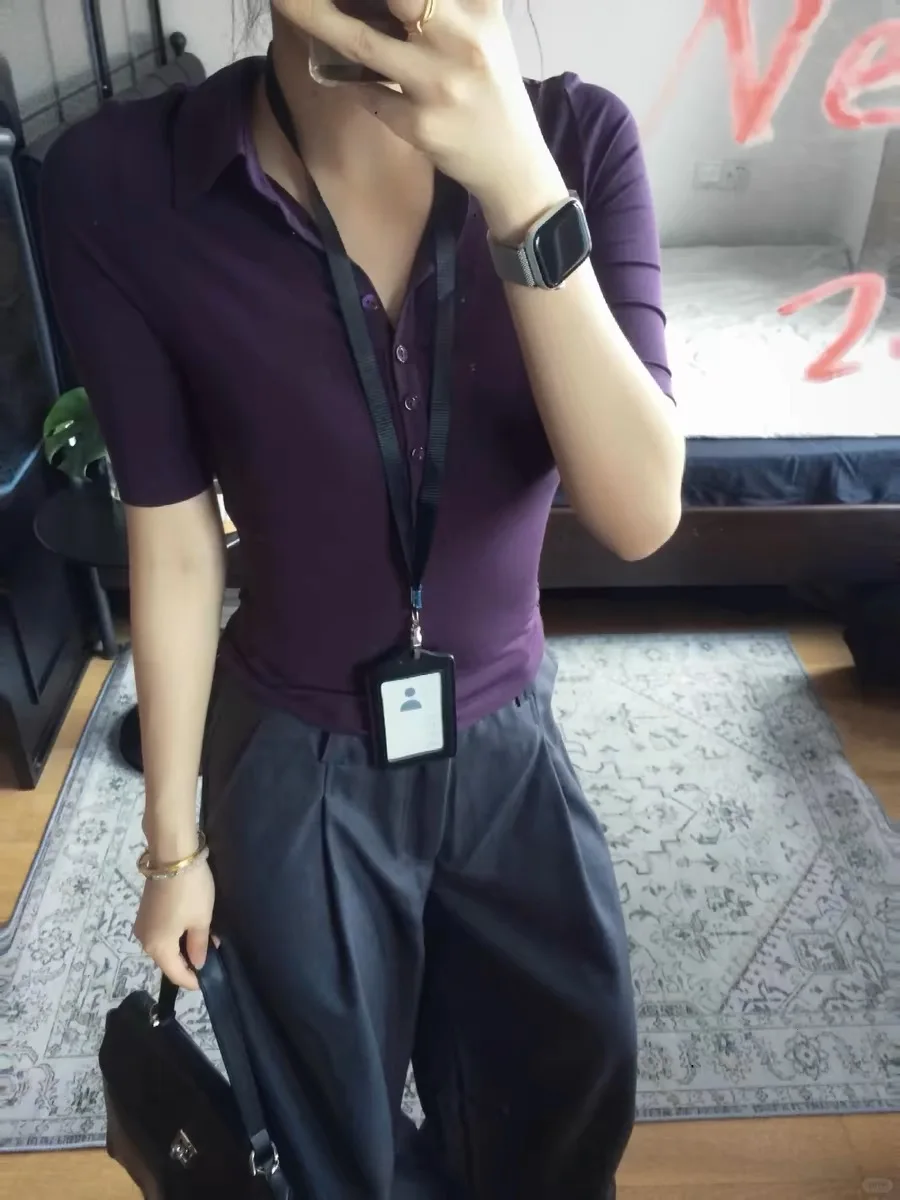 Genayooa Japanese Y2k Tops 2000s Slim Half Sleeve T-shirt Women Turn Down Collar Purple Casual Polo Shirt Streetwear Tee Tops photo review