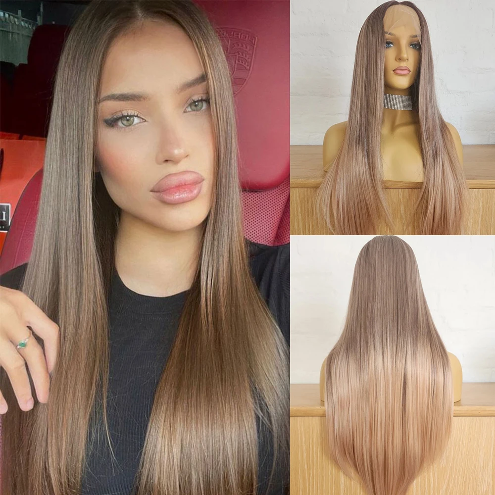 

Honey Blonde Long Straight Wig Premium Heat Resistant Fibers Chocolate Highlights Lace Front Wig Human Hair Blend Synthetic Wigs