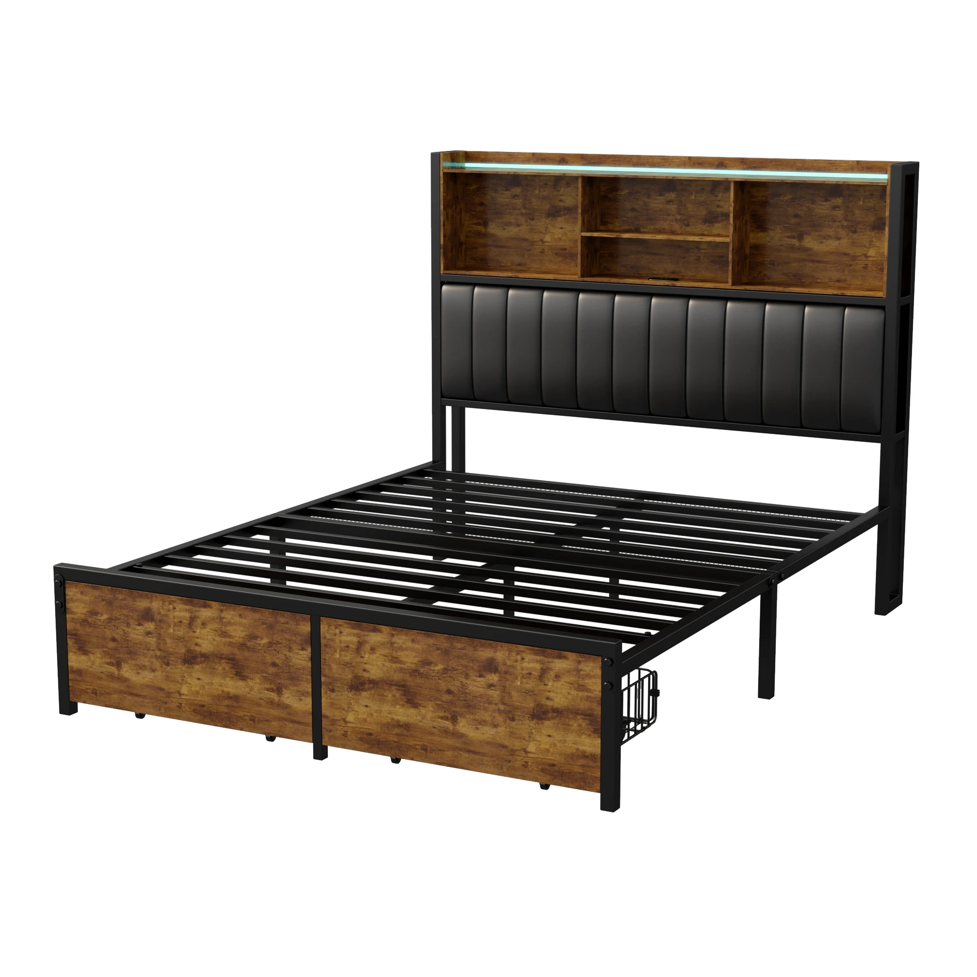 Metallbett 140x200cm, Doppelbett Vintage Braun Schwarz mit 2 großen Schubladen und Stauraum, Polsterbett Bettgestell mit Lattenrost, Schubladenbett Jugendbett Funktionsbett für Schlafzimmer