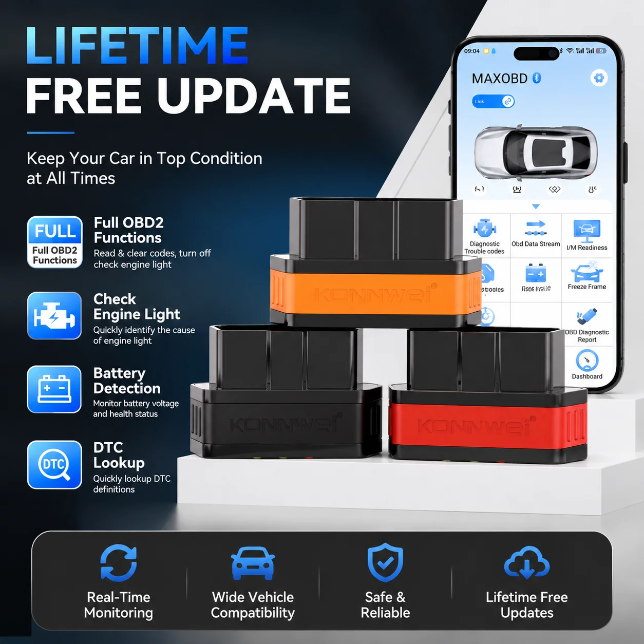 KONNWEI KW901 Bluetooth 5.2 OBD2 Czytnik Kodów Silnika, Dane na Żywo, Test Baterii, Uniwersalny dla IOS/Android