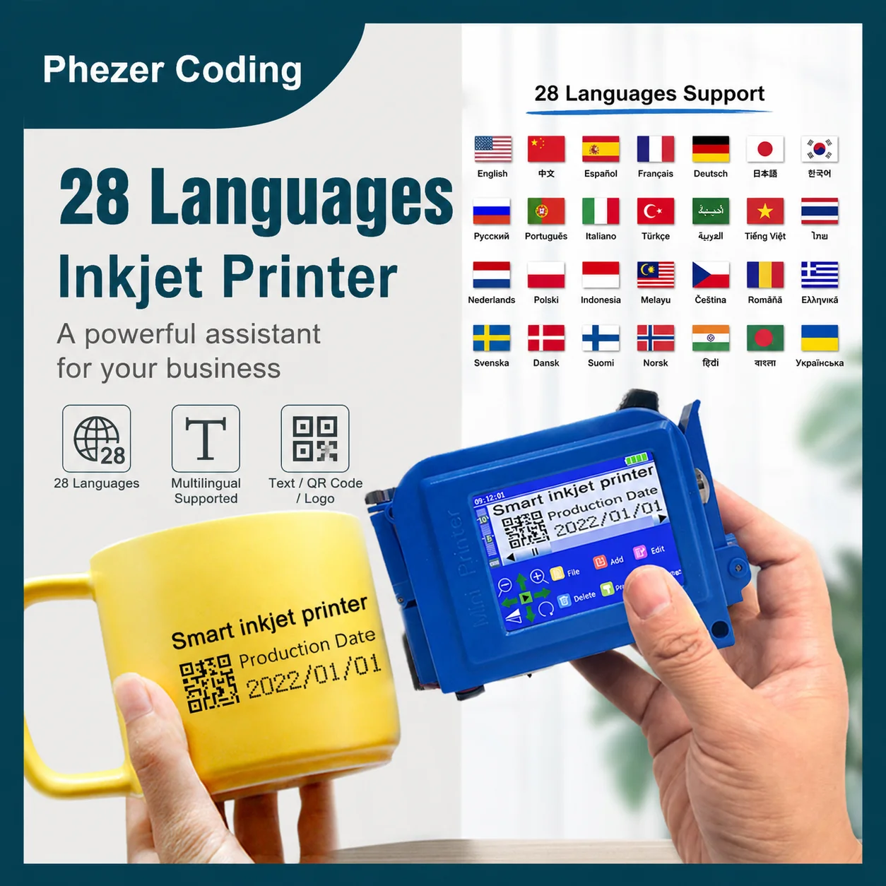 Phezer PC11plus 12.7mm Handheld Inkjet Printer Portable Batch Code Date & QR Code Printer for Labels Expiry Dates Logos & DIY