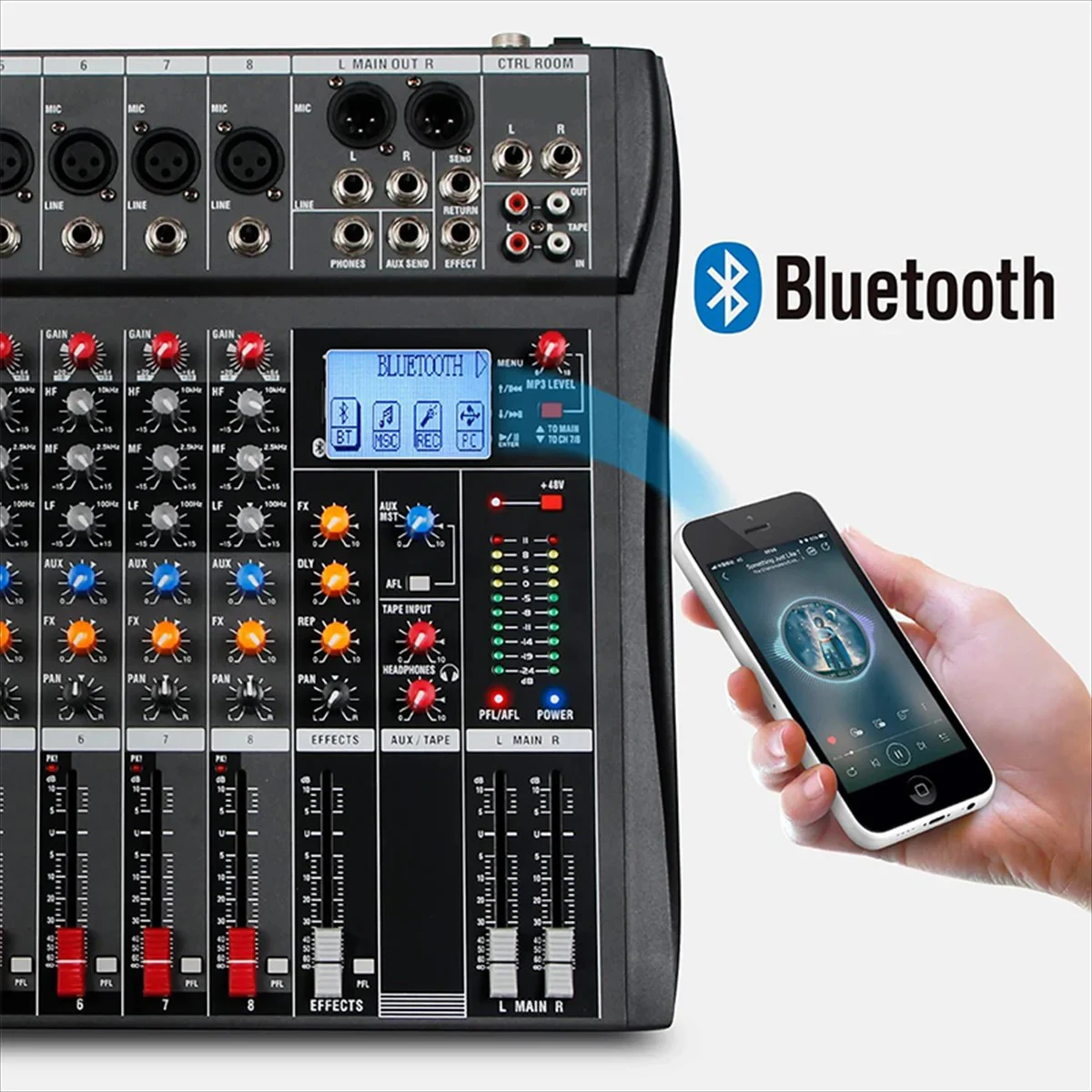 8-Channel Professional Mixer with 99 Dsp Effects, Bluetooth, Usb, Mp3, 48V Phantom Power, for Live Streaming, Stage Recording, and Mixing