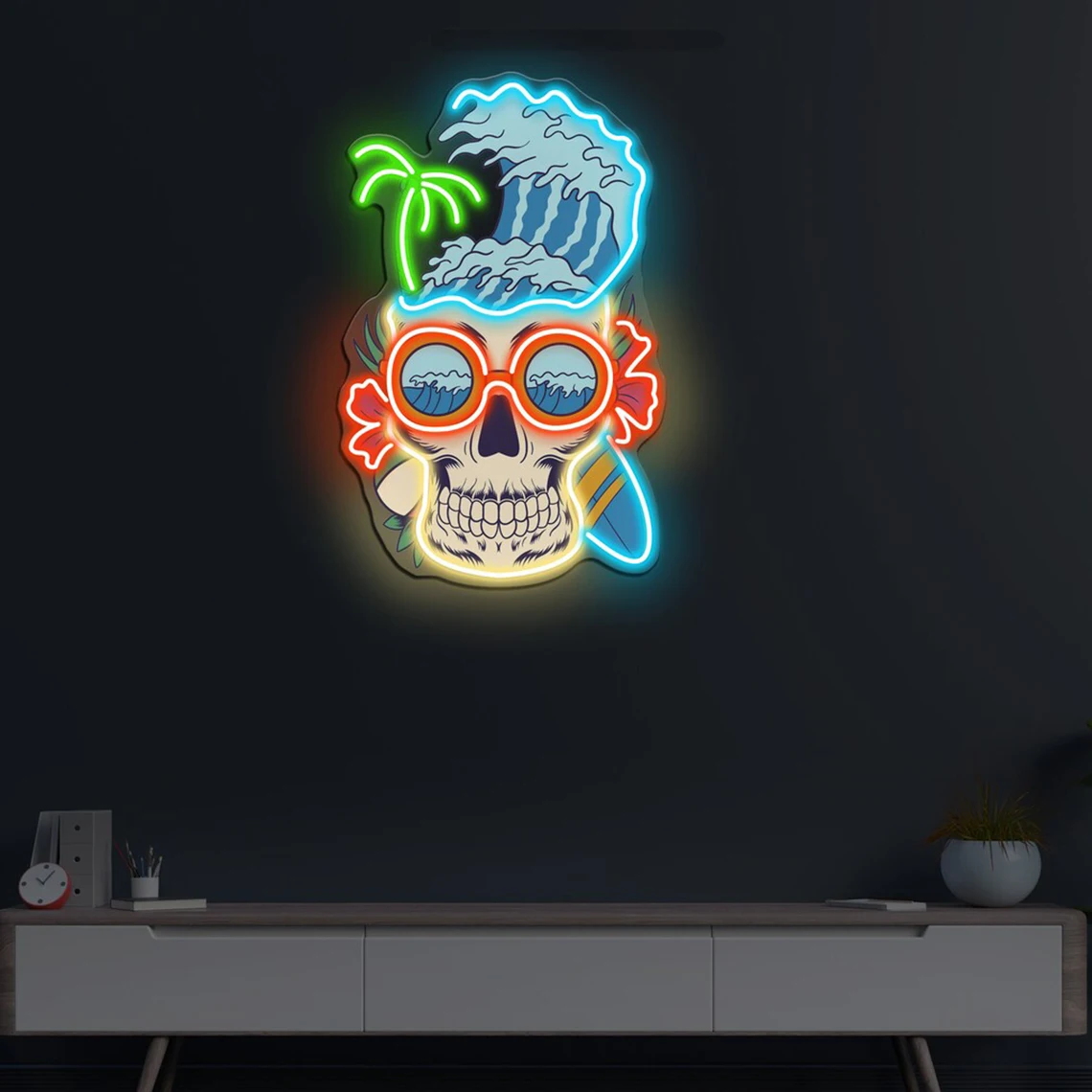 Skull Beach Neon Sign Skull UV Print Neon Pop Art Beach Wall Decor Home Decor Beach Sign Man Cave Sign