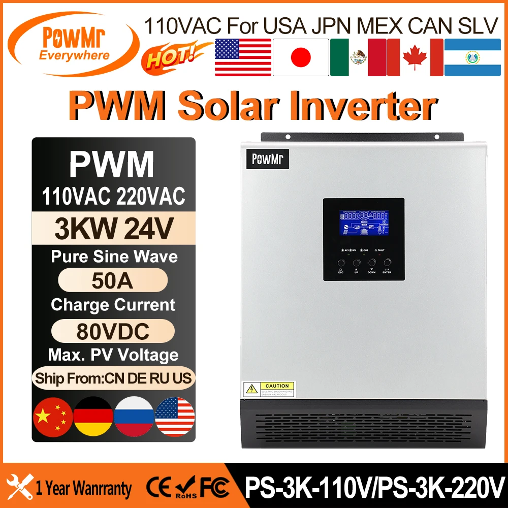 PowMr 3KVA Pure Sine Wave Hybrid Solar Inverter 110VAC Output 24VDC Input 50A PWM Solar Charger Controller For Solar Panel 80VDC