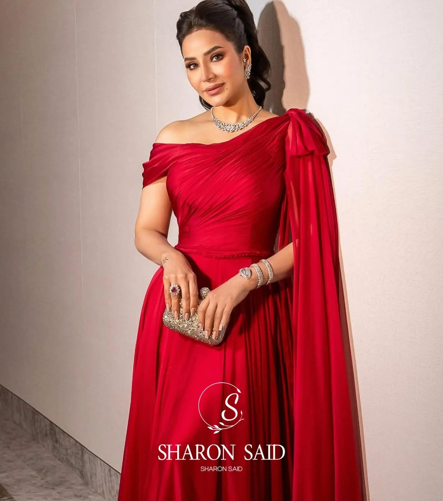 Sharon Said Dubai Red Off Shoulder Elegant Evening Dress with Bow Cape for Women Wedding Formal Gown SF488 Customized image 2