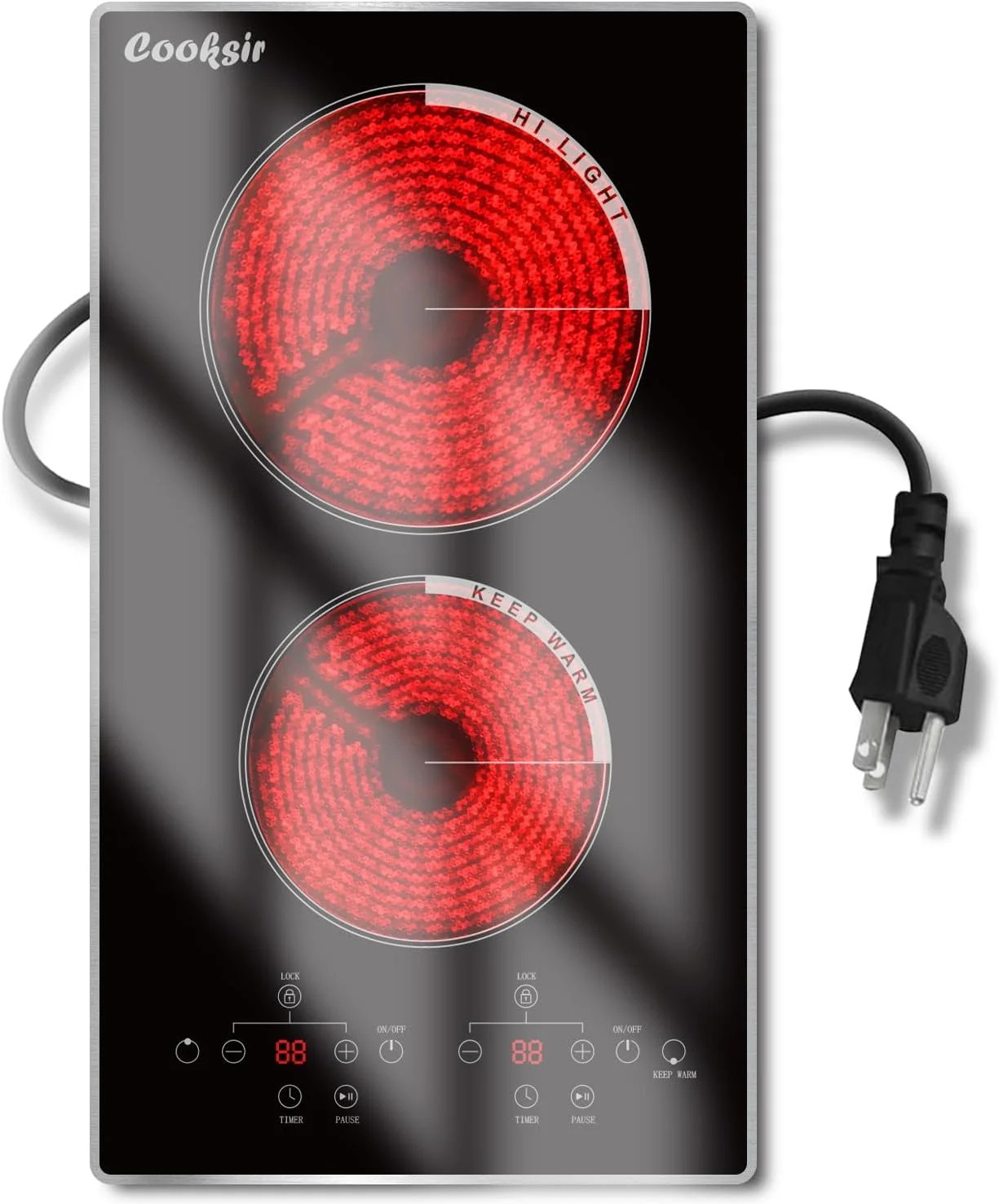 Cooksir 12 Inch 2 Burner Portable Electric Cooktop，110V Plug in with Protective Full Metal Edge，Safety Lock, Timer, Sensor Touch