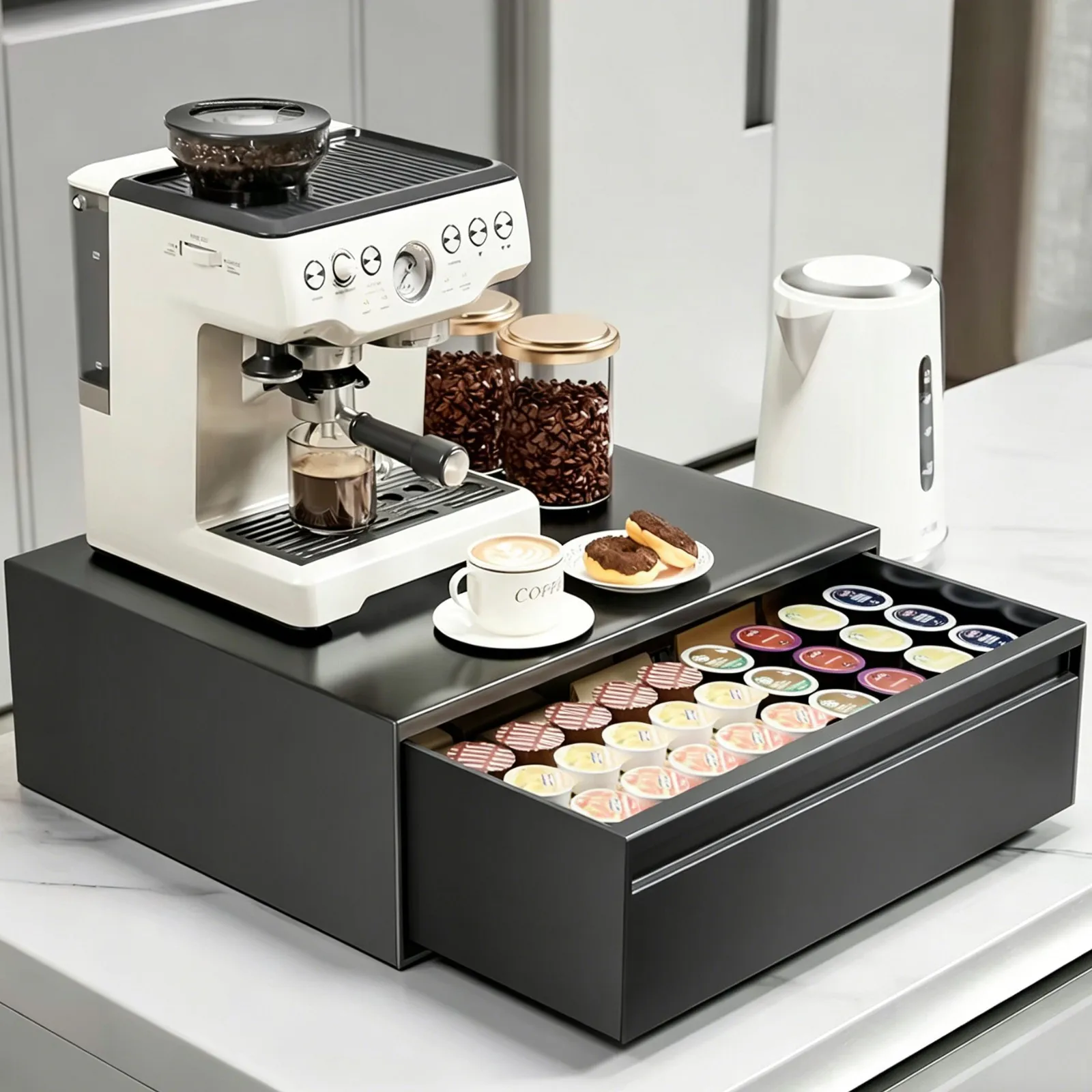 Support de rangement en bois pour machine à café avec tiroir pour sachets de thé et capsules de café, organisateur de comptoir pour bar à eau