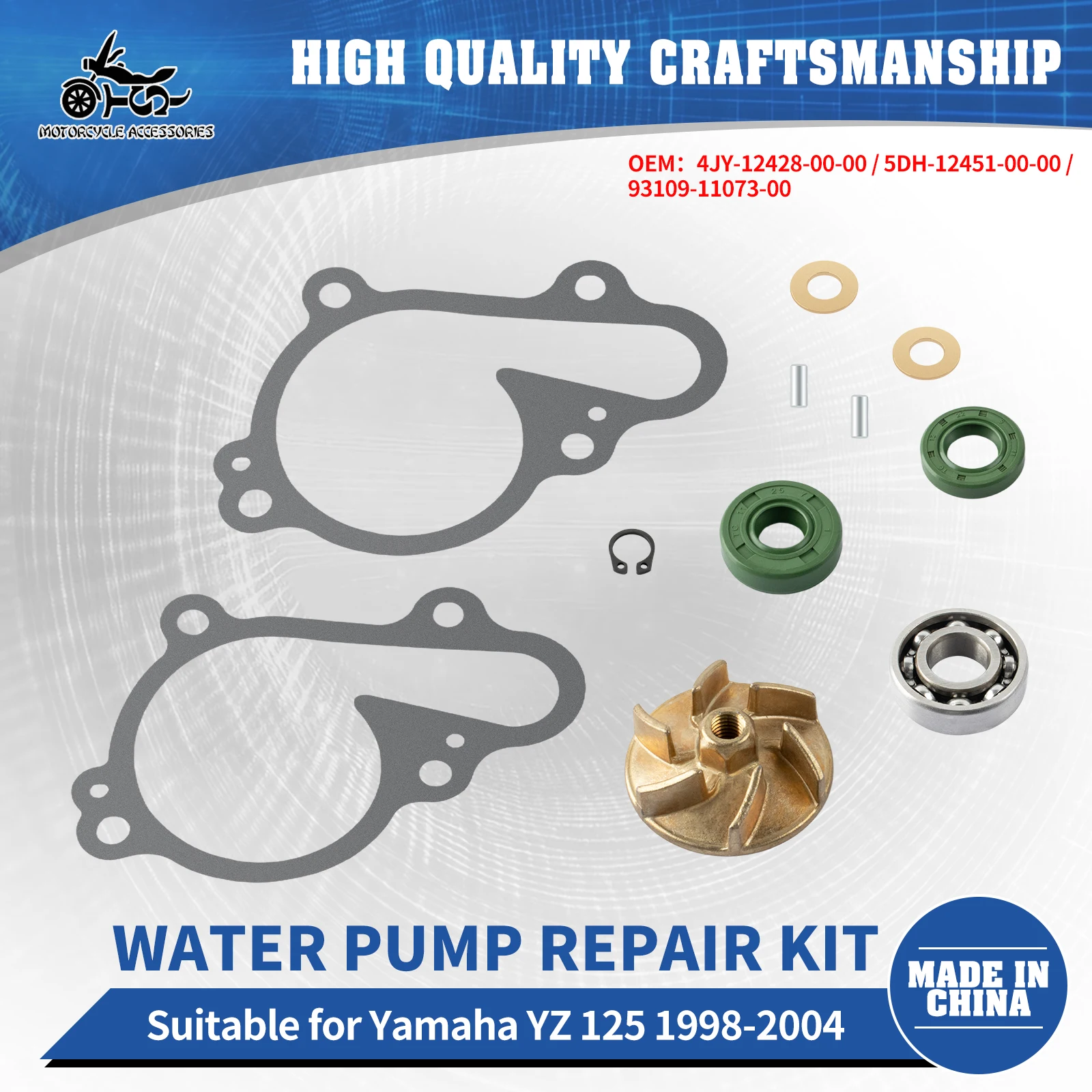 SJ Motorcycle Accessories 4JY-12428-00-00 Water Pump Rebuild Kit For Yamaha YZ125 1998-2004 Impeller Bearing Seal Gasket