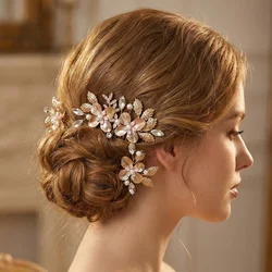Gold Alloy Flower Hair Comb & Pin Set 3PCS Bridal Headpiece Pearls & Crystals Fashion Wedding Headdress Jewelry Accessories