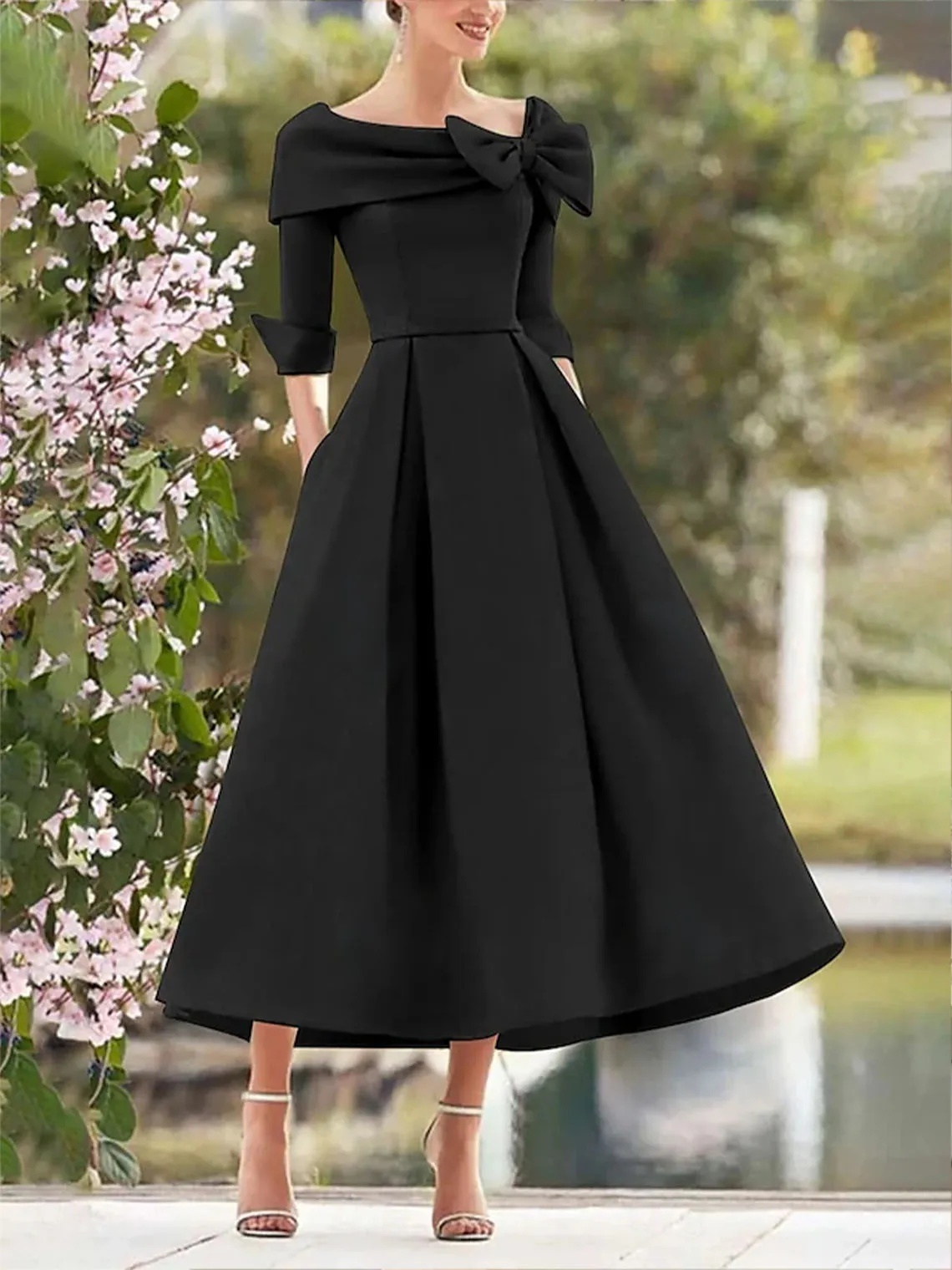

A-Line Vintage Elegant Satin A-Line Tea Length Wedding Guest Dress Square Neck 3/4 Sleeve Bow Pocket 2025 Free Customized