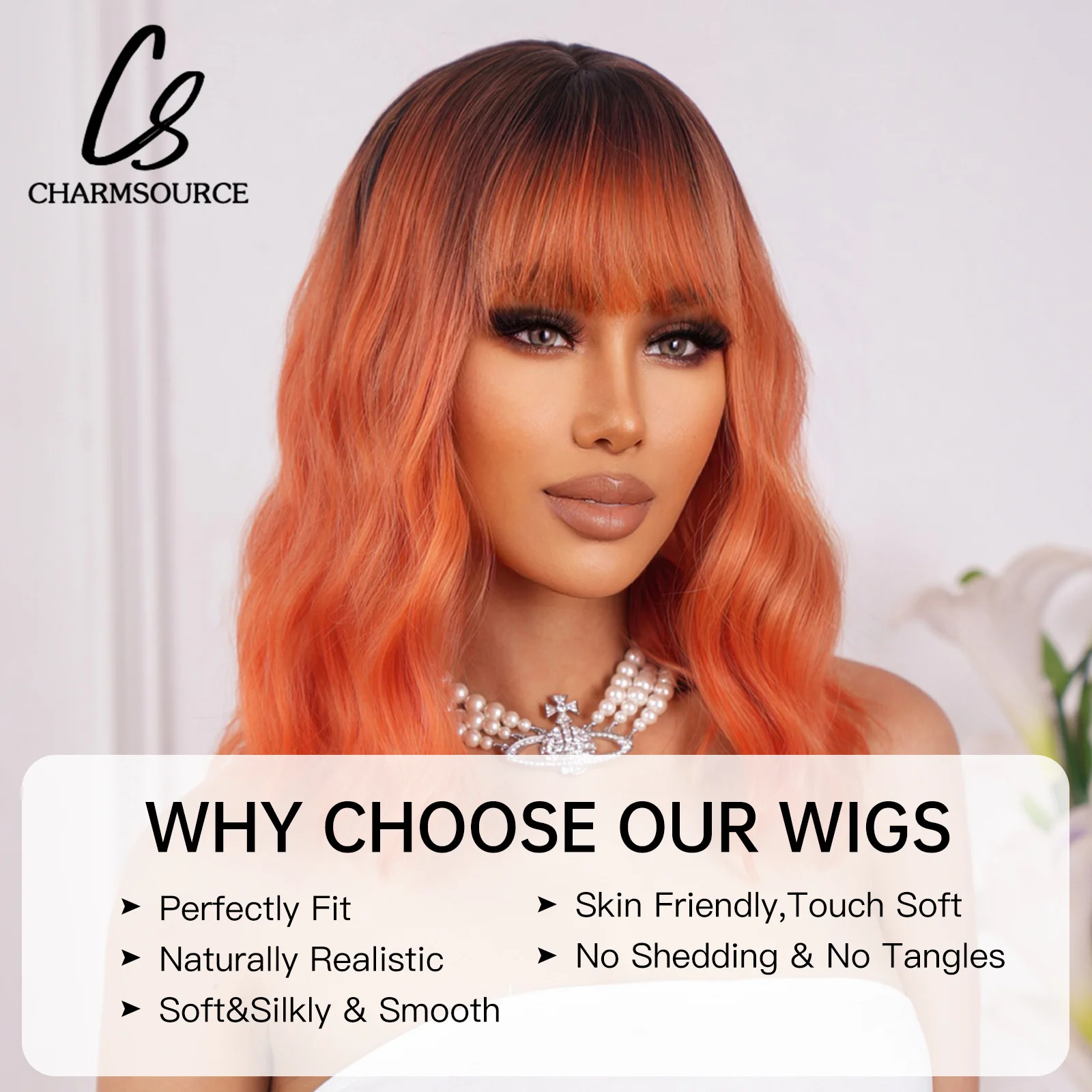 CharmSource Ombre Brown Orange Wigs Short Wavy Wigs for Women Synthetic Bob Wig Hair Party Daily High Temperature Resistance